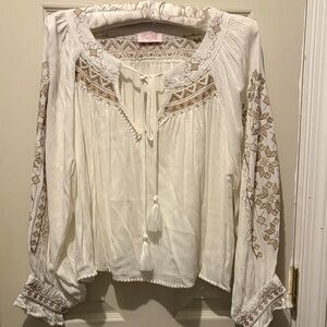 Johnny Was Cream and Brown Embroidered Blouse